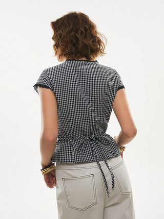Lace-Trim Peplum Button-Down Blouse