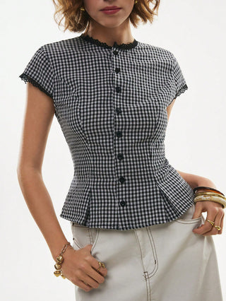 Lace-Trim Peplum Button-Down Blouse
