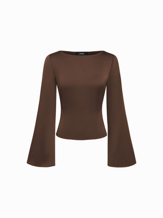 Satin Boat Neck Bell Sleeve Blouse