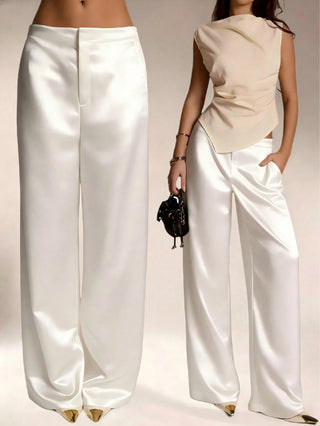 Solid Color Satin Pocket Zipper Long Pants