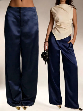 Solid Color Satin Pocket Zipper Long Pants