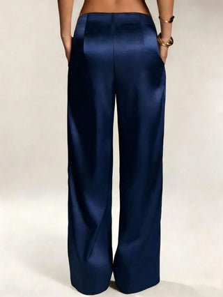 Solid Color Satin Pocket Zipper Long Pants