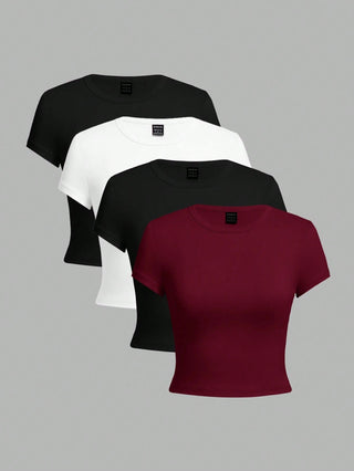 4pcs/Set Casual Versatile Round Neck Short Sleeve Shirt