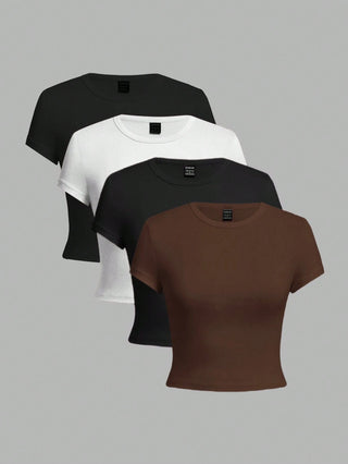 4pcs/Set Casual Versatile Round Neck Short Sleeve Shirt