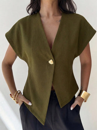 V-Neck Single-Breasted Asymmetric Hem Sleeveless Top