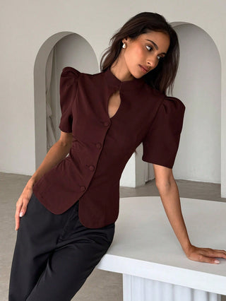 Elegant Petal Sleeve Button Cutout Blazer