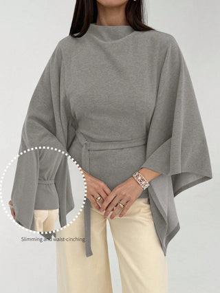 Collar Batwing Sleeve Loose Casual Top Detachable Belt