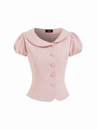 Puff Sleeve Peter Pan Collar Button Front Blouse