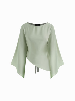 Satin Boat Neck Bell Sleeve Asymmetrical Blouse