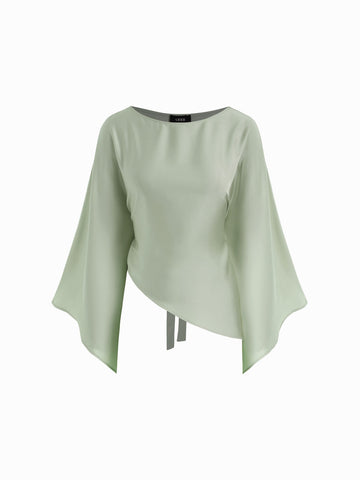 Satin Boat Neck Bell Sleeve Asymmetrical Blouse