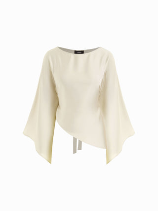 Satin Boat Neck Bell Sleeve Asymmetrical Blouse