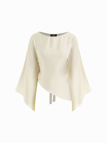 Satin Boat Neck Bell Sleeve Asymmetrical Blouse