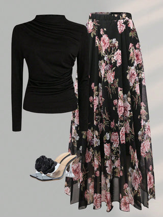 Solid Crew Neck Pleated Fitted Long Sleeve T-Shirt + Leopard Print Skirt