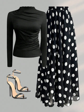 Solid Crew Neck Pleated Fitted Long Sleeve T-Shirt + Leopard Print Skirt