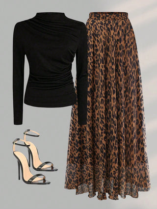 Solid Crew Neck Pleated Fitted Long Sleeve T-Shirt + Leopard Print Skirt