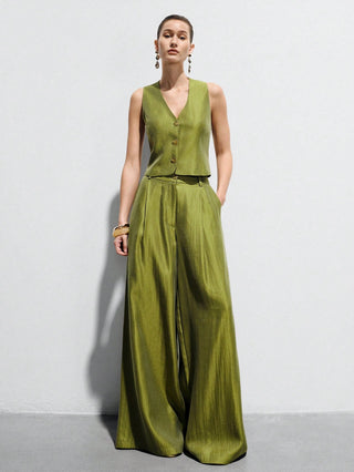 Satin Sleeveless Tailored Vest High-Waisted Wide-Leg Pants Suit