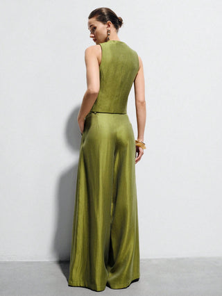 Satin Sleeveless Tailored Vest High-Waisted Wide-Leg Pants Suit