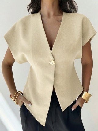 V-Neck Single-Breasted Asymmetric Hem Sleeveless Top