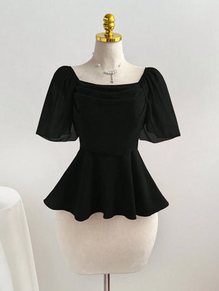 Square Neck Pleated Waist Flared Hem Women Top
