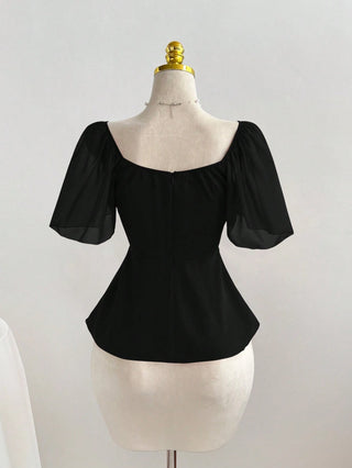 Square Neck Pleated Waist Flared Hem Women Top