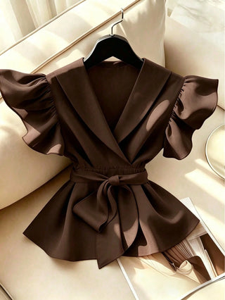 V-Neck Solid Color Ruffle Sleeve Tie Waist Shirt With Sash