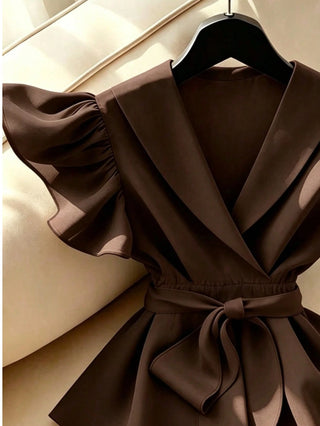 V-Neck Solid Color Ruffle Sleeve Tie Waist Shirt With Sash