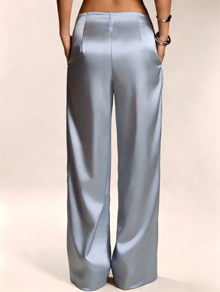 Solid Color Satin Pocket Zipper Long Pants