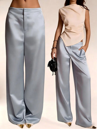 Solid Color Satin Pocket Zipper Long Pants