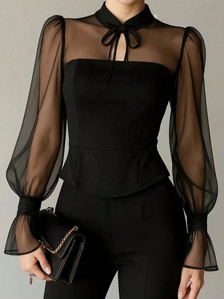 Sexy Sheer Patchwork Long Sleeve Solid Color Blouse
