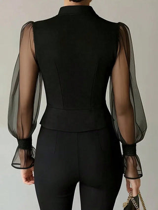 Sexy Sheer Patchwork Long Sleeve Solid Color Blouse