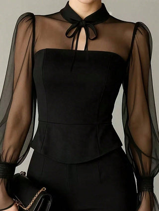 Sexy Sheer Patchwork Long Sleeve Solid Color Blouse