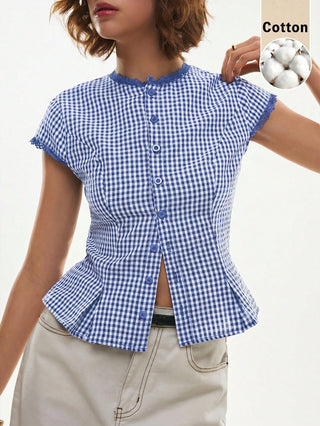 Lace-Trim Peplum Button-Down Blouse