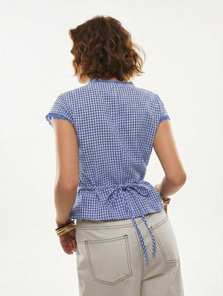Lace-Trim Peplum Button-Down Blouse