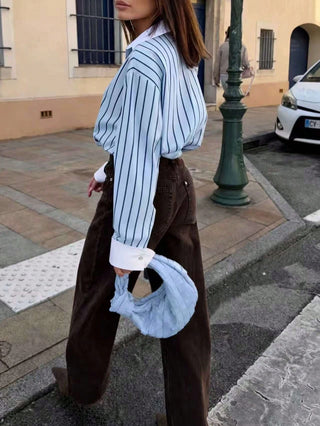 Striped Woven Fabric Splice Collar Contrast Color Loose Shirt