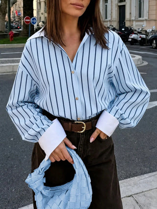 Striped Woven Fabric Splice Collar Contrast Color Loose Shirt