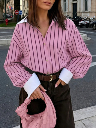 Striped Woven Fabric Splice Collar Contrast Color Loose Shirt