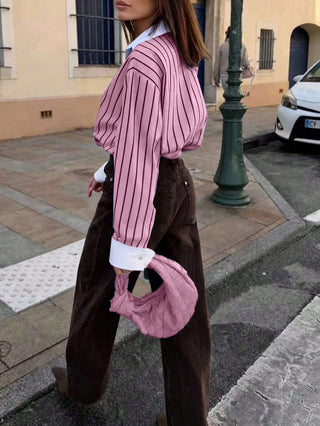 Striped Woven Fabric Splice Collar Contrast Color Loose Shirt