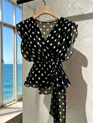 Polka Dot V-Neck High-End Mesh Elegant Sleeveless Blouse