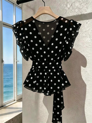 Polka Dot V-Neck High-End Mesh Elegant Sleeveless Blouse