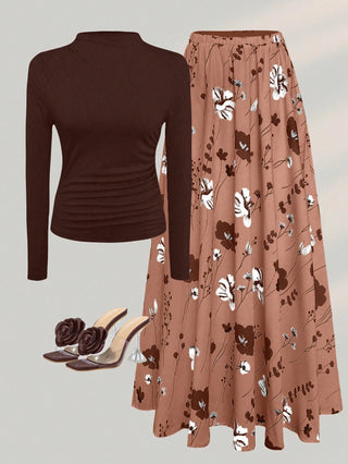 Solid Crew Neck Pleated Fitted Long Sleeve T-Shirt + Leopard Print Skirt