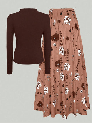 Solid Crew Neck Pleated Fitted Long Sleeve T-Shirt + Leopard Print Skirt