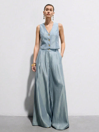 Satin Sleeveless Tailored Vest High-Waisted Wide-Leg Pants Suit