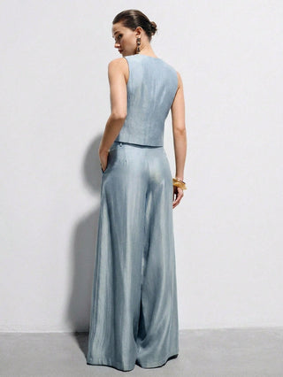 Satin Sleeveless Tailored Vest High-Waisted Wide-Leg Pants Suit