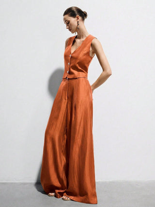 Satin Sleeveless Tailored Vest High-Waisted Wide-Leg Pants Suit