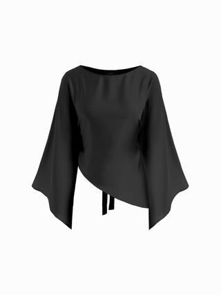 Satin Boat Neck Bell Sleeve Asymmetrical Blouse