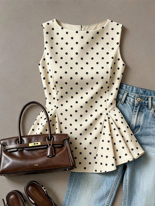 Retro Polka Dot Sleeveless Fitted Waist A-Line Blouse