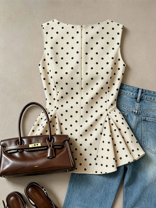 Retro Polka Dot Sleeveless Fitted Waist A-Line Blouse
