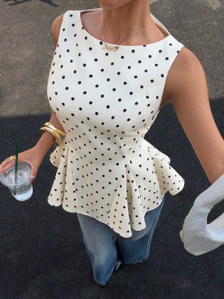 Retro Polka Dot Sleeveless Fitted Waist A-Line Blouse