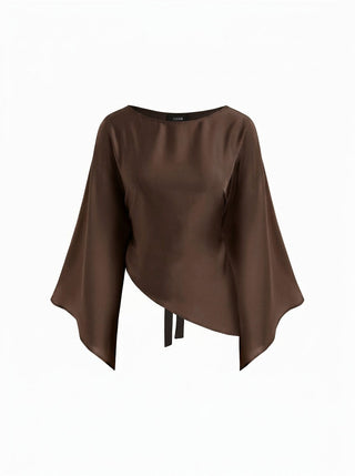 Satin Boat Neck Bell Sleeve Asymmetrical Blouse