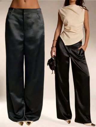 Solid Color Satin Pocket Zipper Long Pants